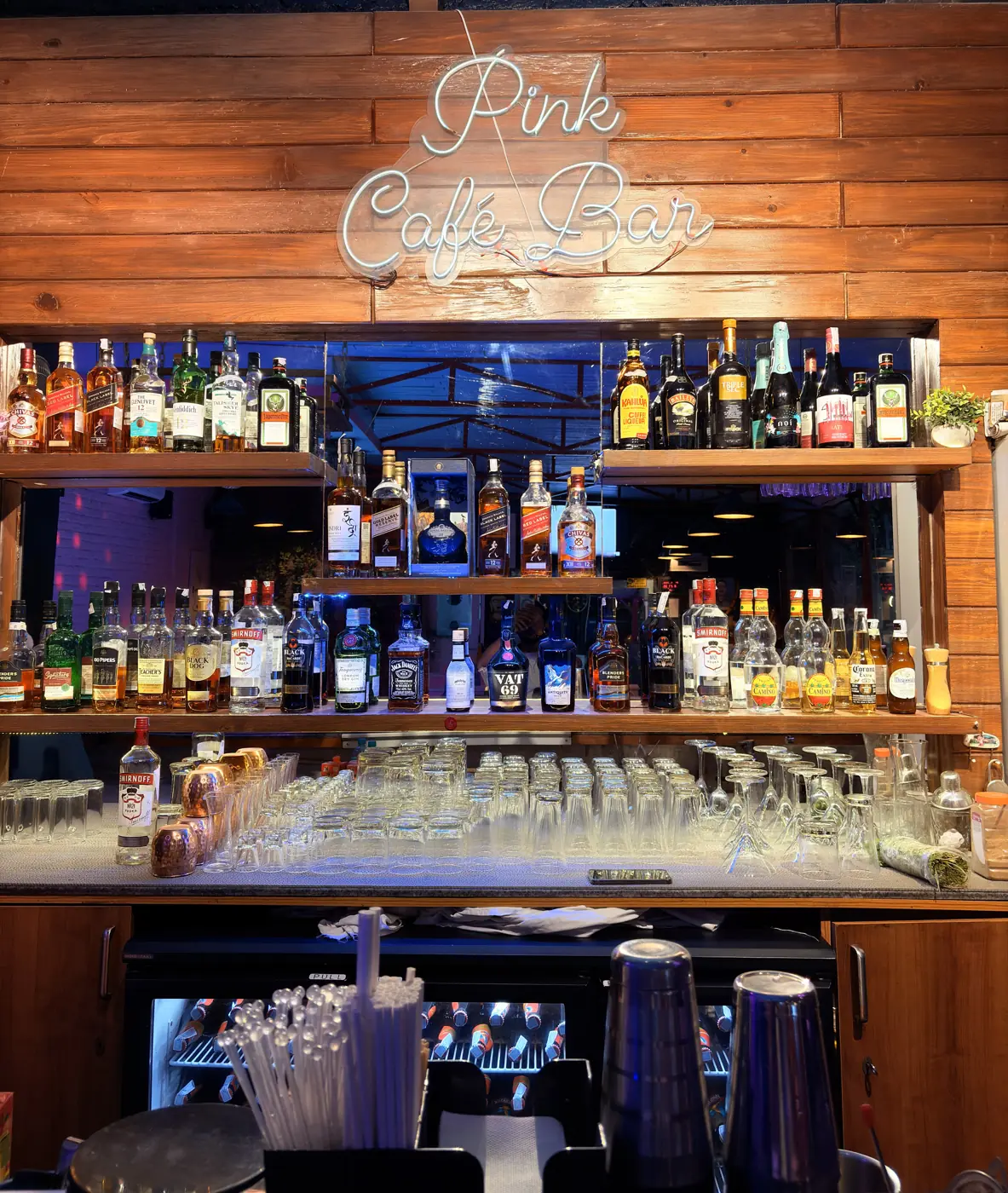 The Pink Cafe bar in Tapovan