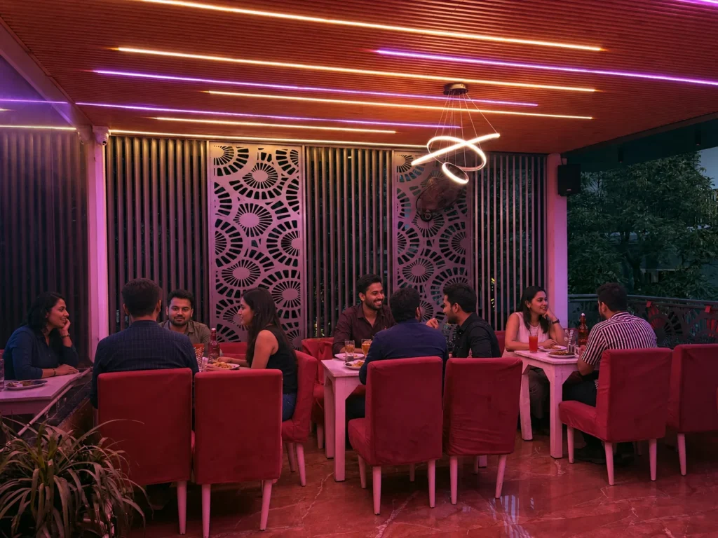 Birthday dinner in Rishikesh with guests celebrating at Pink Cafe